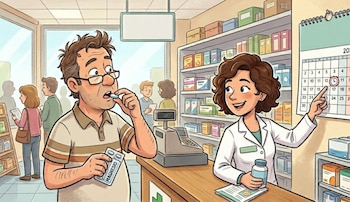 Ilustración de un hombre tomando una píldora de magnesio en una farmacia, mientras una farmacéutica le indica un día y hora en un calendario