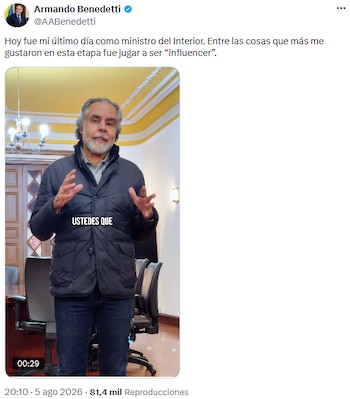 Armando Benedetti deja el Ministerio del Interior con un mensaje de gratitud en redes - crédito @AABenedetti/X