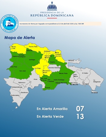 El Centro de Operaciones de Emergencias eleva a siete las provincias en alerta amarilla por vaguada pre-frontal en República Dominicana. (Imagen: COE)