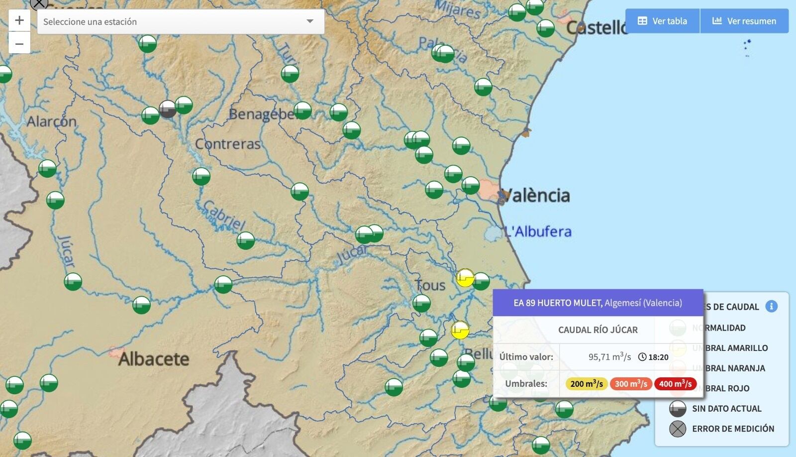 Debido al episodio de fuertes lluvias, ya se han superado los umbrales amarillos en el río Albaida, en Manuel, y en el Magro en Guadassuar (CHJ, Europa Press)