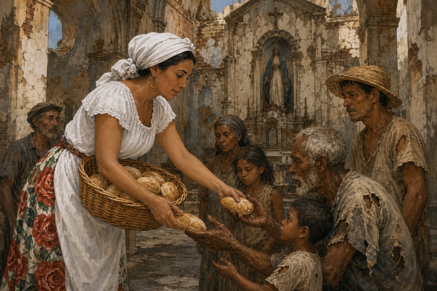 Una mujer reparte panes desde una cesta a personas de escasos recursos en el interior de un templo católico con muros deteriorados. (Imagen Ilustrativa Infobae)