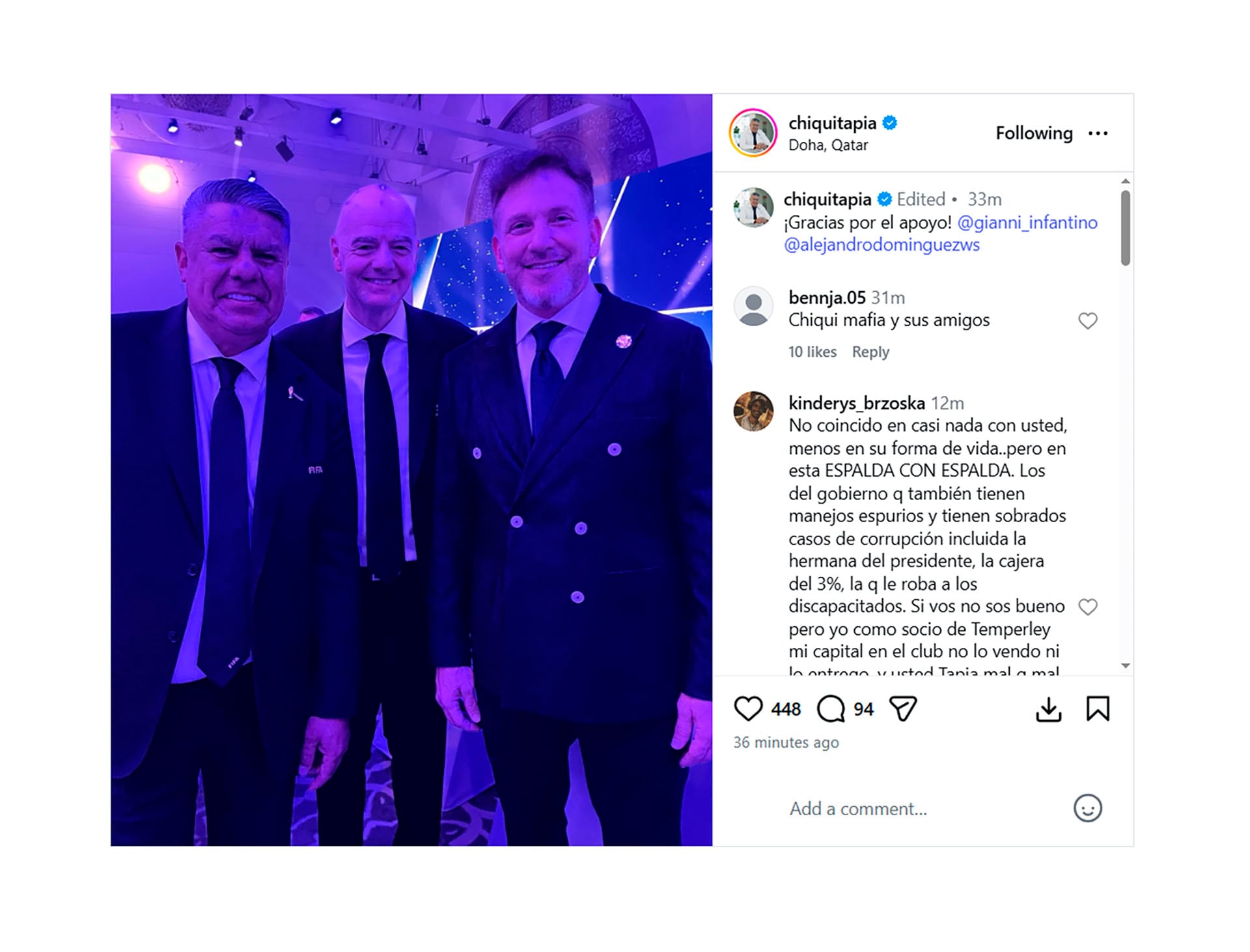 El posteo de Tapia junto Gianni Infantino y Alejandro Domínguez