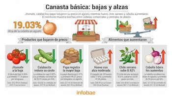 Infografía con ilustraciones de jitomates, calabacitas, papas, huevos, chiles y cebollas junto a flechas de colores y porcentajes de precios.