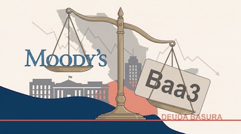 Una balanza de platillos: a la izquierda, el logo de Moody's; a la derecha, una tarjeta 'Baa3' inclinada. Abajo, una línea roja y "Deuda Basura". Fondo: siluetas de edificios y el mapa de México.
