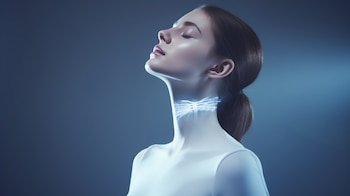 Mujer en terapia de relajación, destacando su cuello con luz brillante para aliviar el estrés, dolores musculares y la tensión. (Imagen ilustrativa Infobae)