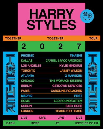 Cartel informativo con el nombre de Harry Styles en letras grandes, el año 2027 y una lista de ciudades con sus respectivos artistas invitados