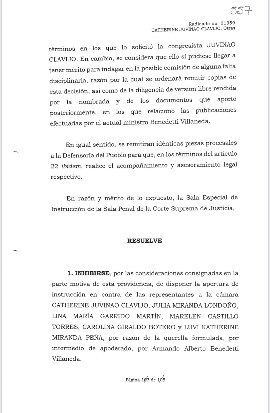 El fallo determinó que no debe abrirse proceso alguno en contra de Catherine Juvinao, Julia Miranda, Lina María Garrido, Marelen Castillo, Carolina Giraldo, Katherine Miranda ni Jennifer Pedraza - crédito Corte Suprema de Justicia