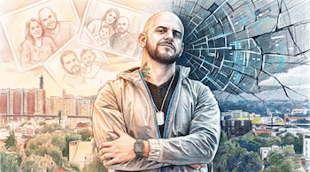 Ilustración a lápiz de Luis Castilleja con fotos familiares a su izquierda y un fondo fracturado a su derecha, sobre un paisaje urbano dual.
