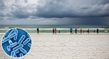 Una playa de arena blanca en Florida con cielo nublado y olas suaves. Varias personas observan el mar desde la orilla. En la esquina inferior izquierda, un círculo muestra bacterias fecales.