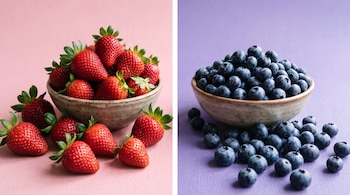 Cuenco con frutillas sobre fondo rosa a la izquierda y cuenco con arándanos sobre fondo violeta a la derecha.