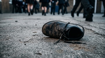 Un zapato negro con polvo sobre el suelo de cemento y las piernas desenfocadas de varios estudiantes en movimiento al fondo.