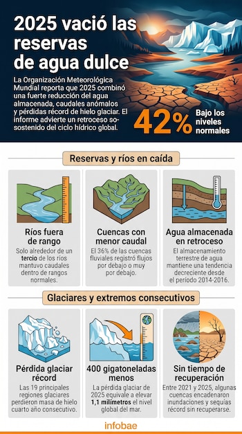 Infografía sobre agua dulce con ilustraciones de un paisaje glaciar, un río, cuencas hidrográficas, un termómetro y terreno agrietado.