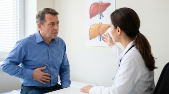 Un hombre de mediana edad con camisa azul toca su abdomen mientras una doctora con bata blanca le explica, señalando un póster con ilustraciones de hígados.
