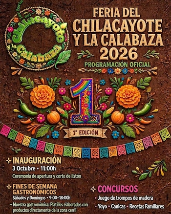 Cartel promocional con flores, calabazas, chiles, papel picado y el texto Feria del Chilacayote y la Calabaza 2026 primera edición
