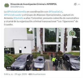 Los detalles del opertaivo de captura se conocieron la mañana del sábado 29 de agosto por parte de la Dijín - crédito @DIJINPolicia/X