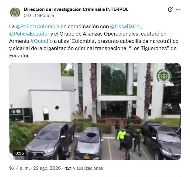 Los detalles del opertaivo de captura se conocieron la mañana del sábado 29 de agosto por parte de la Dijín - crédito @DIJINPolicia/X