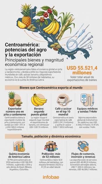 Infografía con mapa de Centroamérica, ilustraciones de piña, cardamomo, café, banano, caña de azúcar, equipos médicos. Datos de exportaciones y economía.
