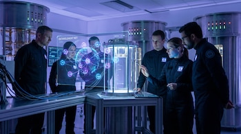 Cinco científicos en monos oscuros observan pantallas holográficas con datos cuánticos y entrelazamiento alrededor de un dispositivo cilíndrico en un laboratorio azul.