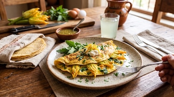 Omelette con flores de calabaza y hierbas en un plato, junto a tortillas de maíz, salsa verde, un vaso y cubiertos sobre una mesa de madera.
