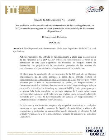 El acto legislativo que impulsa el senador Enrique Gómez plantea que el periodo de la jurisdicción sea improrrogable por 10 años - crédito Suministrado infoba