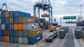 Puerto industrial moderno con grúas, barcos mercantes, camiones y contenedores apilados, algunos con banderas de Centroamérica.
