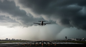 Avión comercial despegando de una pista de aeropuerto iluminada, nubes oscuras y lluvia, torre de control, edificios en el horizonte.