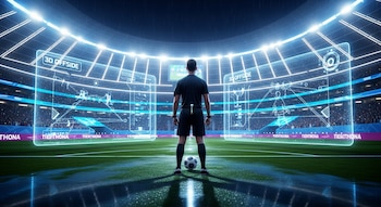 Vista trasera de un árbitro de fútbol con balón en un estadio futurista iluminado. Pantallas holográficas 3D de fuera de juego flanquean al árbitro.
