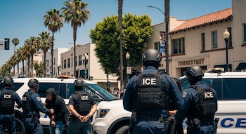 Agentes de ICE con chalecos y cascos tácticos detienen a un hombre con sudadera negra junto a un vehículo oficial en una calle de Los Ángeles bajo el sol.