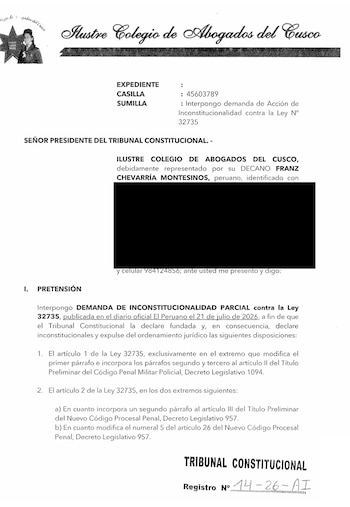 Documento legal impreso con encabezado del Colegio de Abogados del Cusco y texto que presenta una demanda ante el Tribunal Constitucional