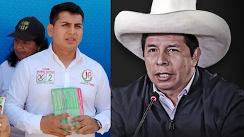 Montaje fotográfico de Cledin Vásquez Castillo a la izquierda, con camisa blanca y flyers, y Pedro Castillo a la derecha, con sombrero blanco y chaqueta oscura