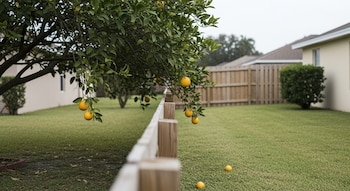 Naranjo con naranjas colgando sobre una cerca baja de madera. Césped verde. Algunas naranjas en el pasto. Casas al fondo.