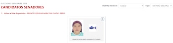 Página web de elecciones 2026 mostrando candidatos a senador por Cusco; se ve la foto de Francisca Galiano Huaman de Champi y el logo azul de FREPAP