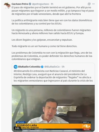 El expresidente de la República señaló que el eje del debate no debería ubicarse en las personas que llegan al país, sino en la protección de garantías fundamentales de los colombianos que emigran - crédito @petrogustavo/X