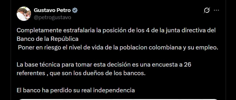 Gustavo Petro volvió a cuestionar la medida adoptada por el Banco de la República - crédito @petrogustavo/X
