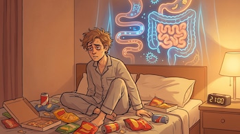 Ilustración de una persona con pijama, sentada en la cama a las 21:00, rodeada de cajas de pizza, patatas fritas y latas de refresco. Detrás, un sistema digestivo brillante.