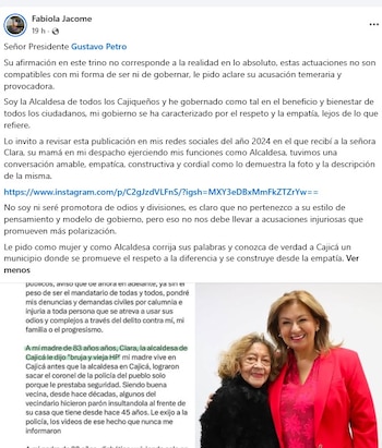 Foi assim que o prefeito de Cajicá respondeu à denúncia de Gustavo Petro por insultar sua mãe - crédito Fabiola Jácome/Facebook