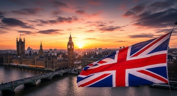 Vista panorámica de Londres al atardecer con el Big Ben, el Palacio de Westminster y el río Támesis. Bandera del Reino Unido en primer plano.
