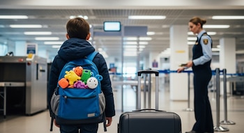 Un niño de espaldas con mochila azul llena de juguetes de colores frente a un control de seguridad, una maleta negra y una agente borrosa.