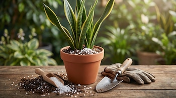 Una maceta de terracota con una planta de Sansevieria de hojas verdes y amarillas, junto a un montón de tierra y sal gruesa, una pala y guantes sobre una mesa de madera.