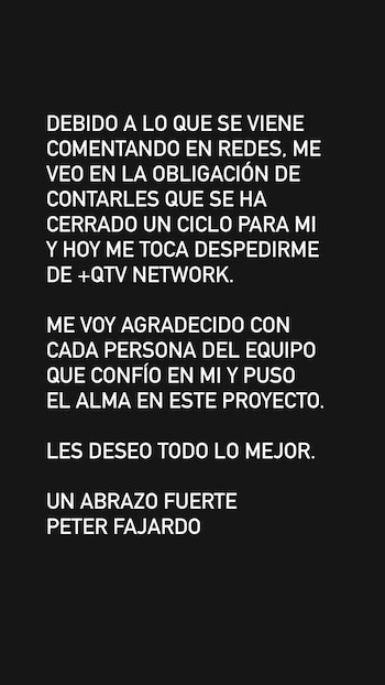Peter Fajardo se despide oficialmente de +QTV Network, el canal digital de María Pía Copello.