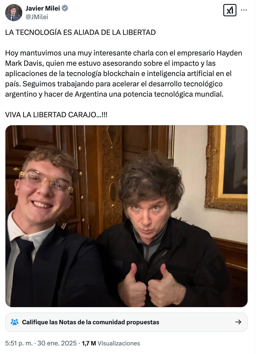 Miley junto a Hayden Davis, involucrado en el escándalo $LIBRA: el posteo es 15 días previo al lanzamiento de la cripto