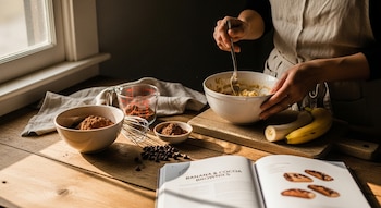 Una persona mezcla puré de plátano en un tazón blanco. En la mesa de madera hay plátanos, cacao, chispas de chocolate y un libro de recetas. Luz de ventana.