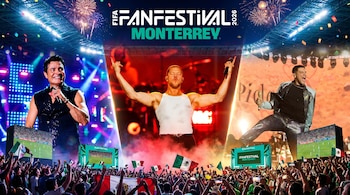 Collage de tres artistas: Marco Antonio Solís, Dan Reynolds y Peso Pluma en un escenario de festival. Fondo de estadio con fuegos artificiales y fans con banderas mexicanas.