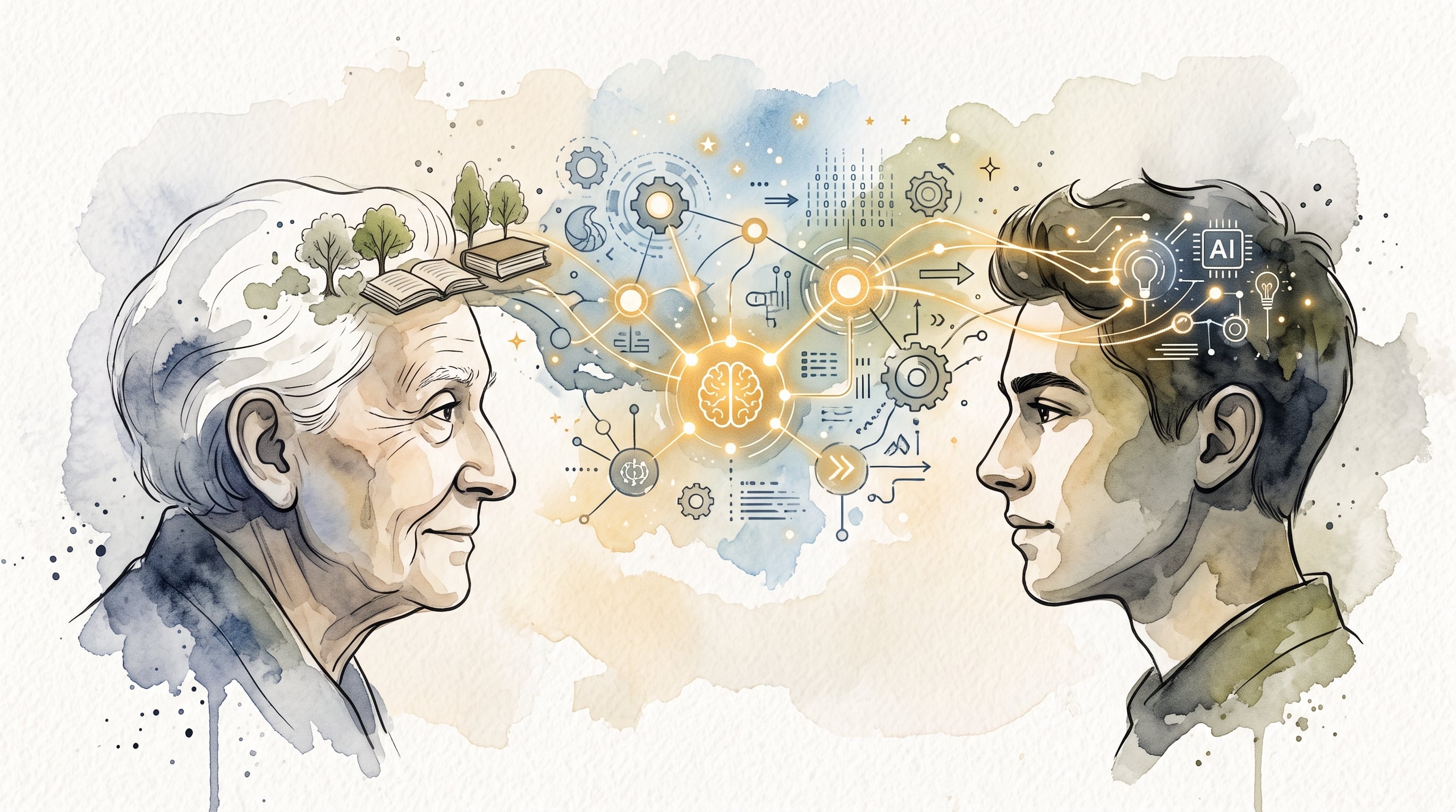 Un mapa de nodos luminosos conecta la experiencia tradicional de una persona mayor con la visión digital e inteligencia artificial de un joven. (Imagen Ilustrativa Infobae)