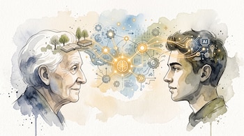 Perfiles de una persona mayor y un joven conectados por un esquema central de nodos, circuitos y símbolos digitales.
