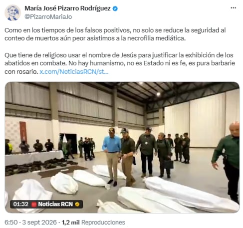 María José Pizarro criticó la exhibición de muertos tras operativo en Guaviare - crédito @PizarroMariaJo/X