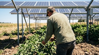 Un agricultor de espaldas examina plantas verdes bajo la sombra de una estructura con paneles solares.