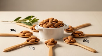 Cuenco blanco con almendras, seis cucharas de madera con almendras de 30g y 50g, ramita de olivo sobre mesa de madera clara.