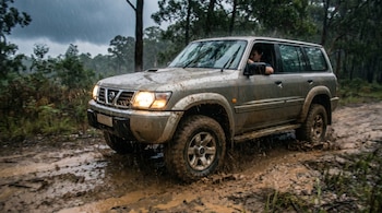 Un SUV gris con faros encendidos conduce a través de un camino embarrado bajo lluvia intensa en un bosque, con un conductor visible al volante.