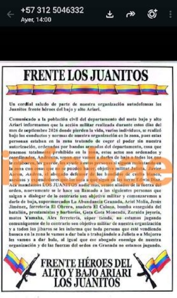 Uno de los panfletos recibidos por el abogado - crédito suminsitrado a Infobae Colombia